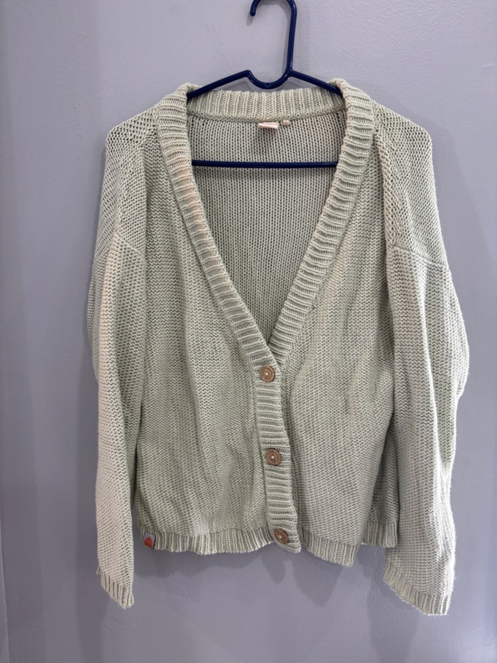SHXT That I Knit Cozy Pale Sage Green Button-Up Cardigan Pima Cotton Large